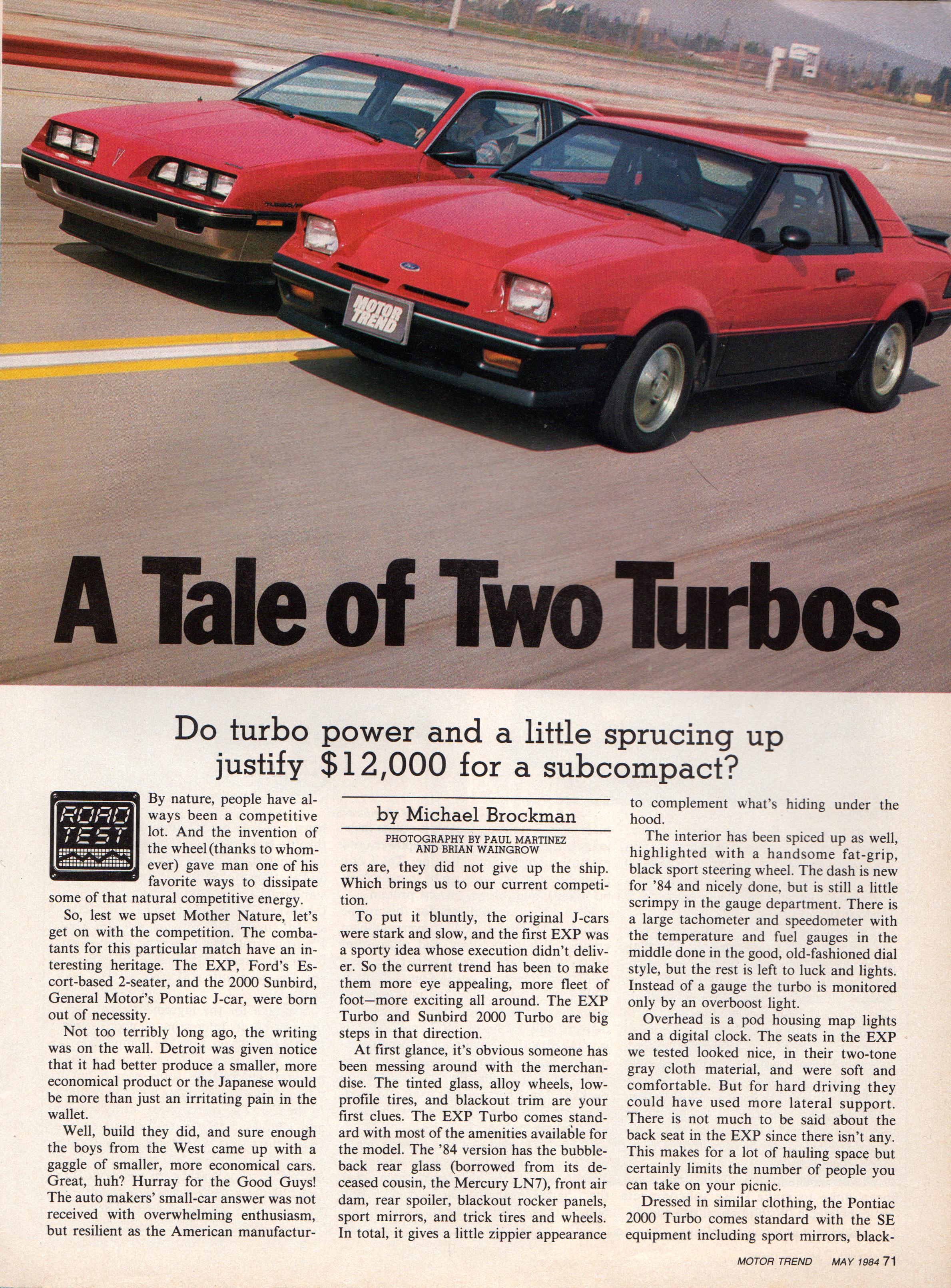 Throwback to May 1984: Ford EXP Turbo vs. Pontiac Sunbird Turbo in Motor Trend