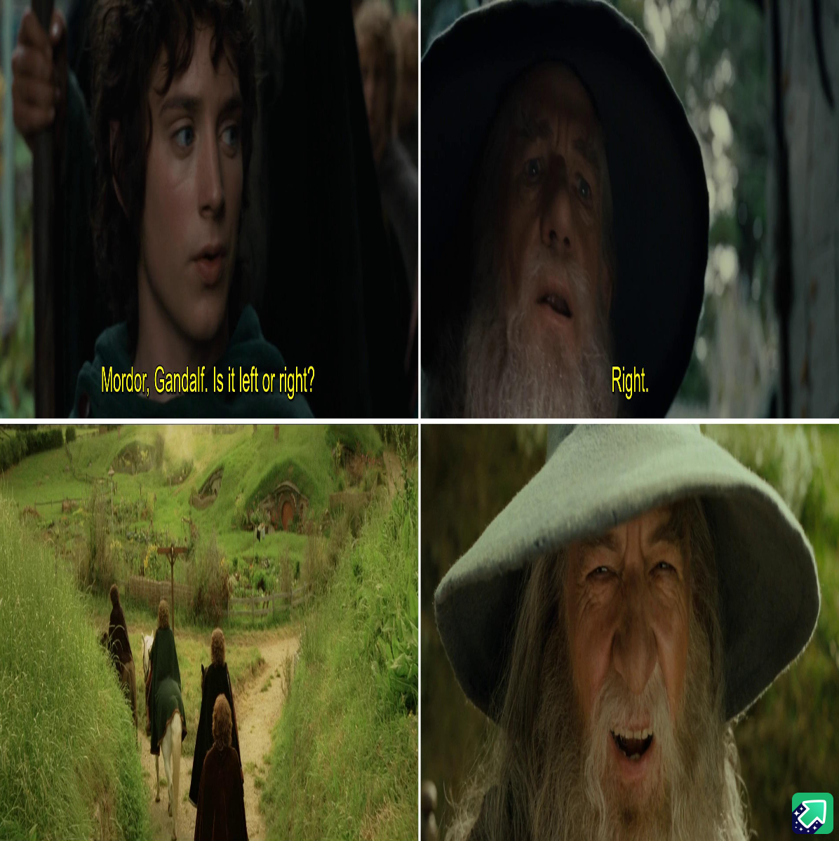 A wizard playfully teasing hobbits