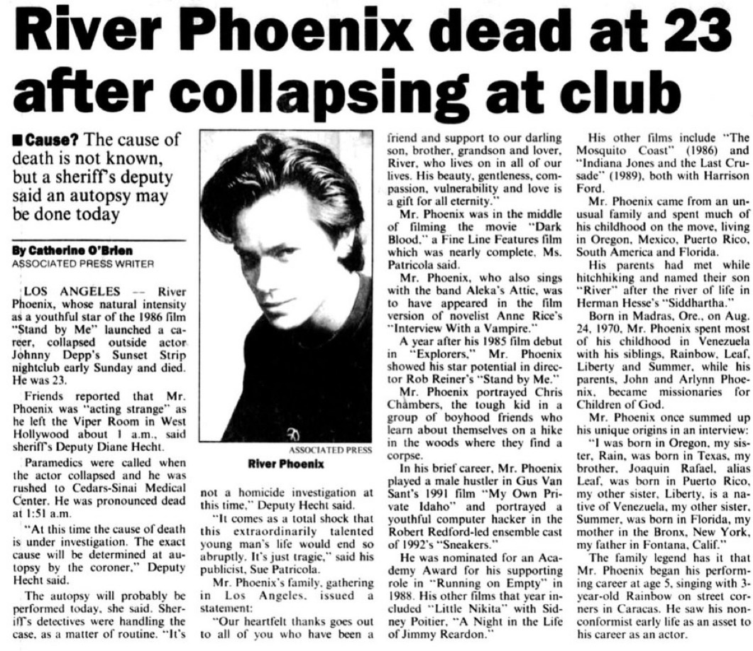 Remembering River Phoenix: A Tragic Loss on October 31, 1993, at Just 23