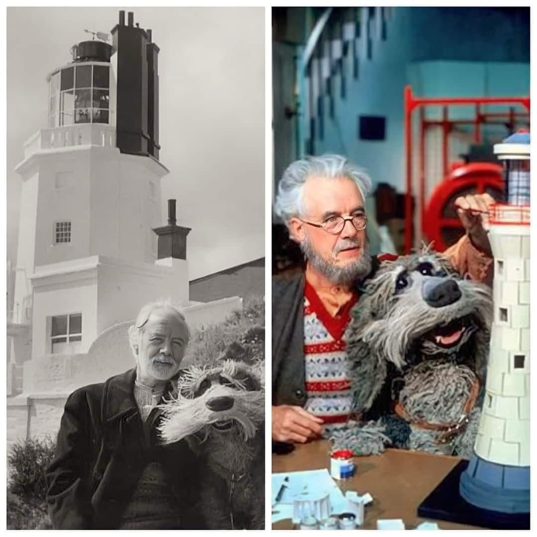 Behind the scenes of Fraggle Rock: Actor Fulton Mackay and his canine co-star Sprocket at St Anthony's Lighthouse in Cornwall, 1984.