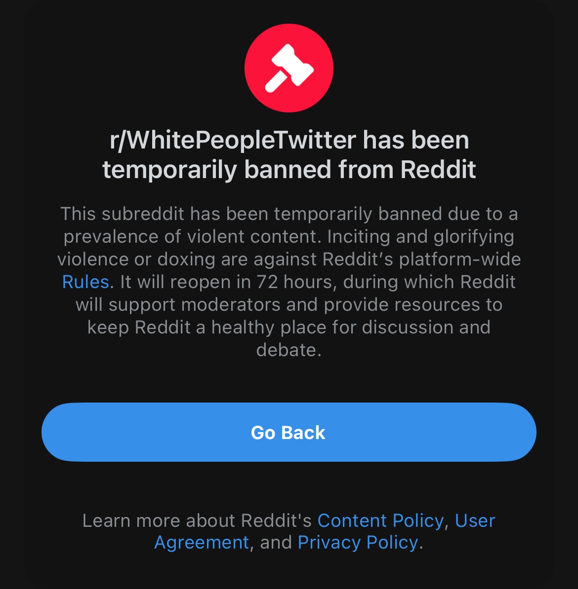 r/WhitePeopleTwitter Temporarily Banned for 'Glorifying Violence'