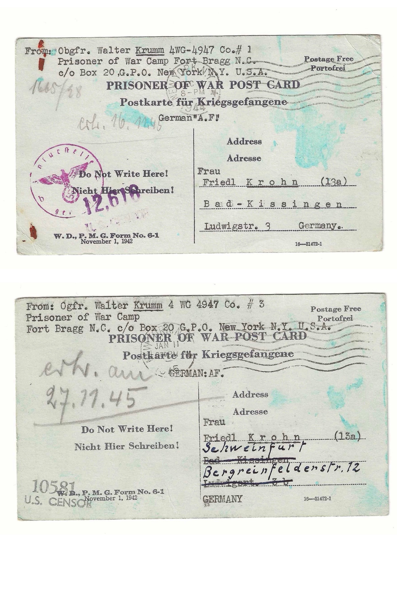 Two poignant WW2 postcards from a German POW at Fort Bragg, NC.