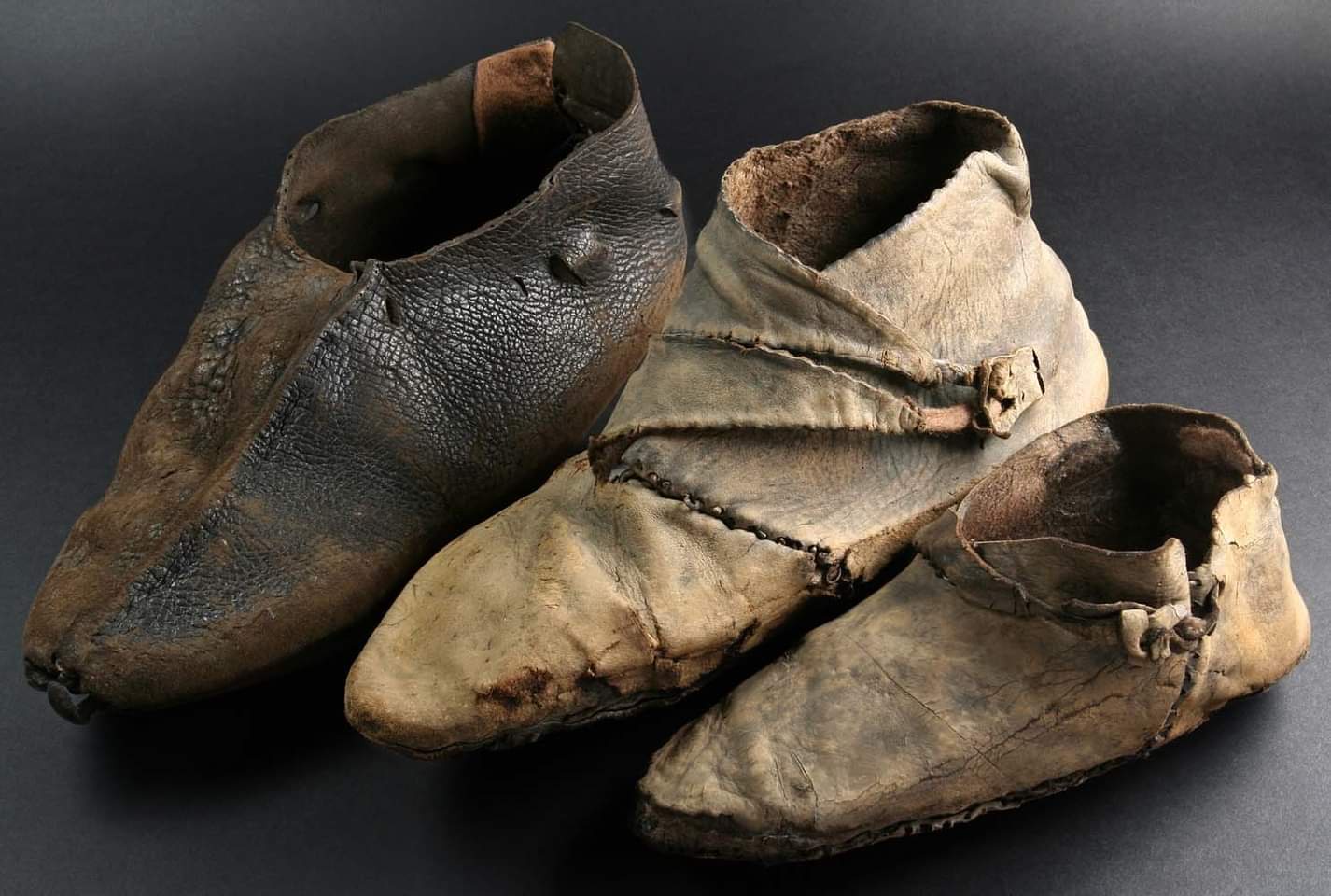 Incredible Viking-era leather shoes found in York, perfectly preserved for over a millennium in waterlogged conditions, now showcased at the Jorvik Viking Centre.