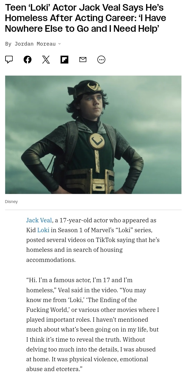 Teen actor Jack Veal, known for his role as 'Loki', reveals he's homeless and in need of support