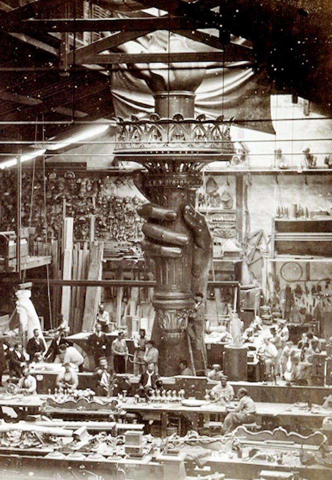 Witness the majestic construction of the Statue of Liberty in France, 1876.