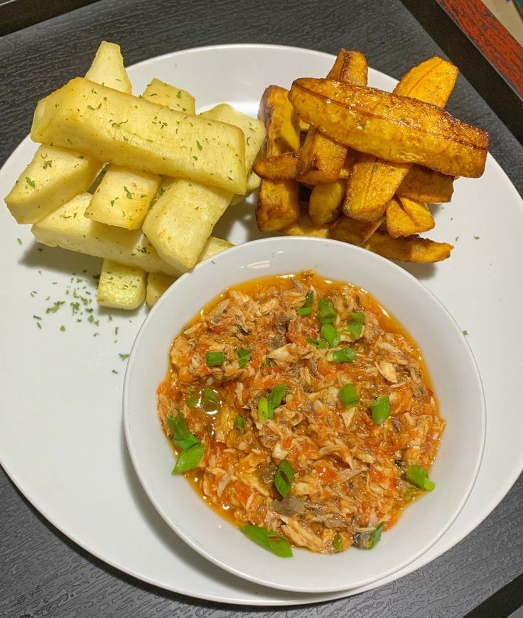 Delicious Fried Yam Paired with Plantain and Savory Fish Sauce