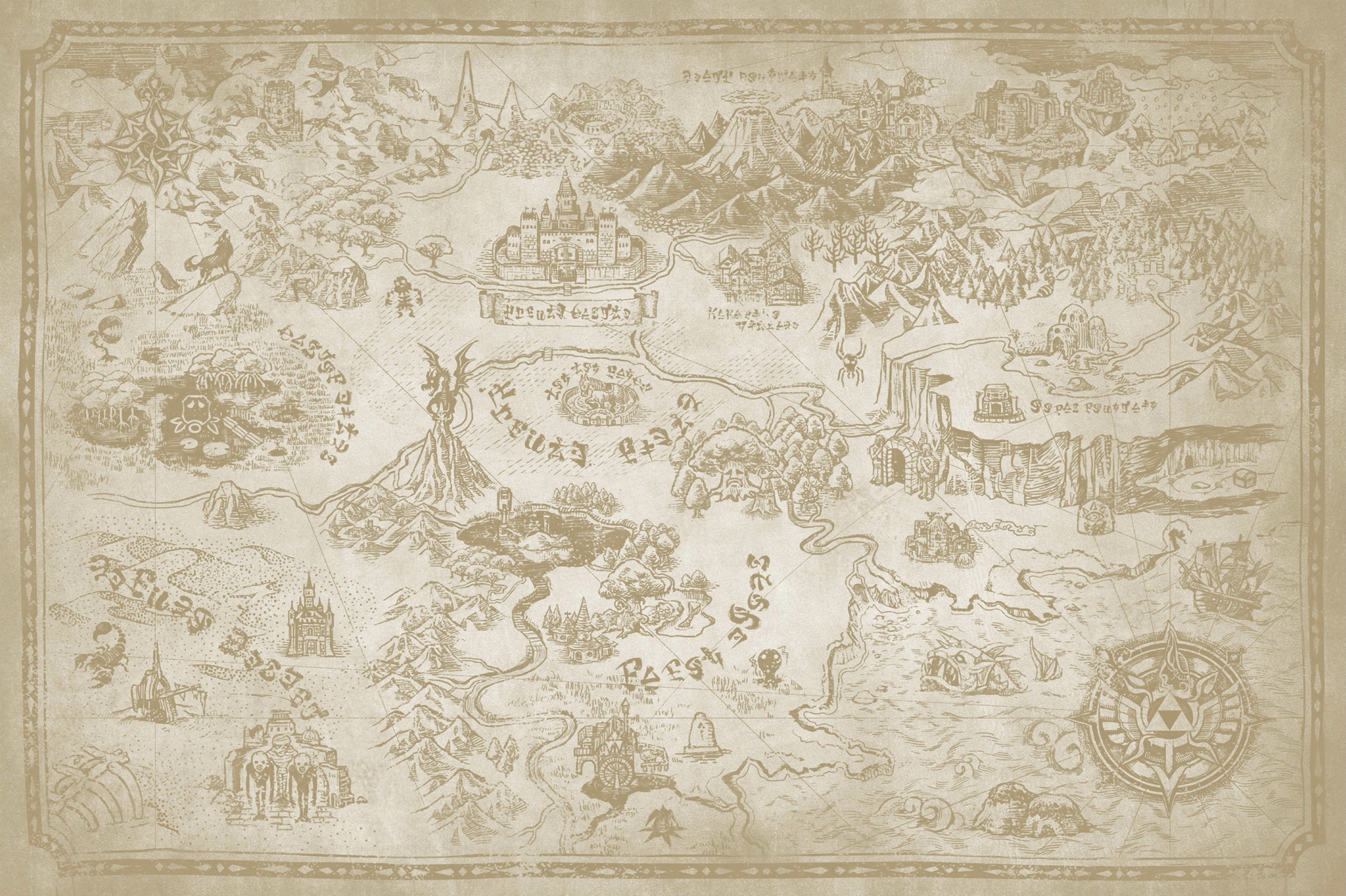 Merged high-quality images of both halves of Hyrule's map from the Zelda encyclopedia for a complete masterpiece