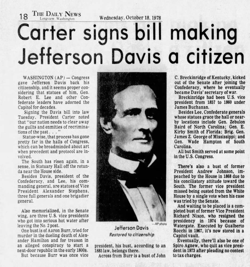 On This Day: Jimmy Carter Restores Citizenship to Jefferson Davis in 1978