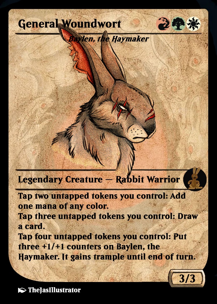 Epic MtG Artwork: Baylen the Haymaker as General Woundwort with Tokens from Watership Down