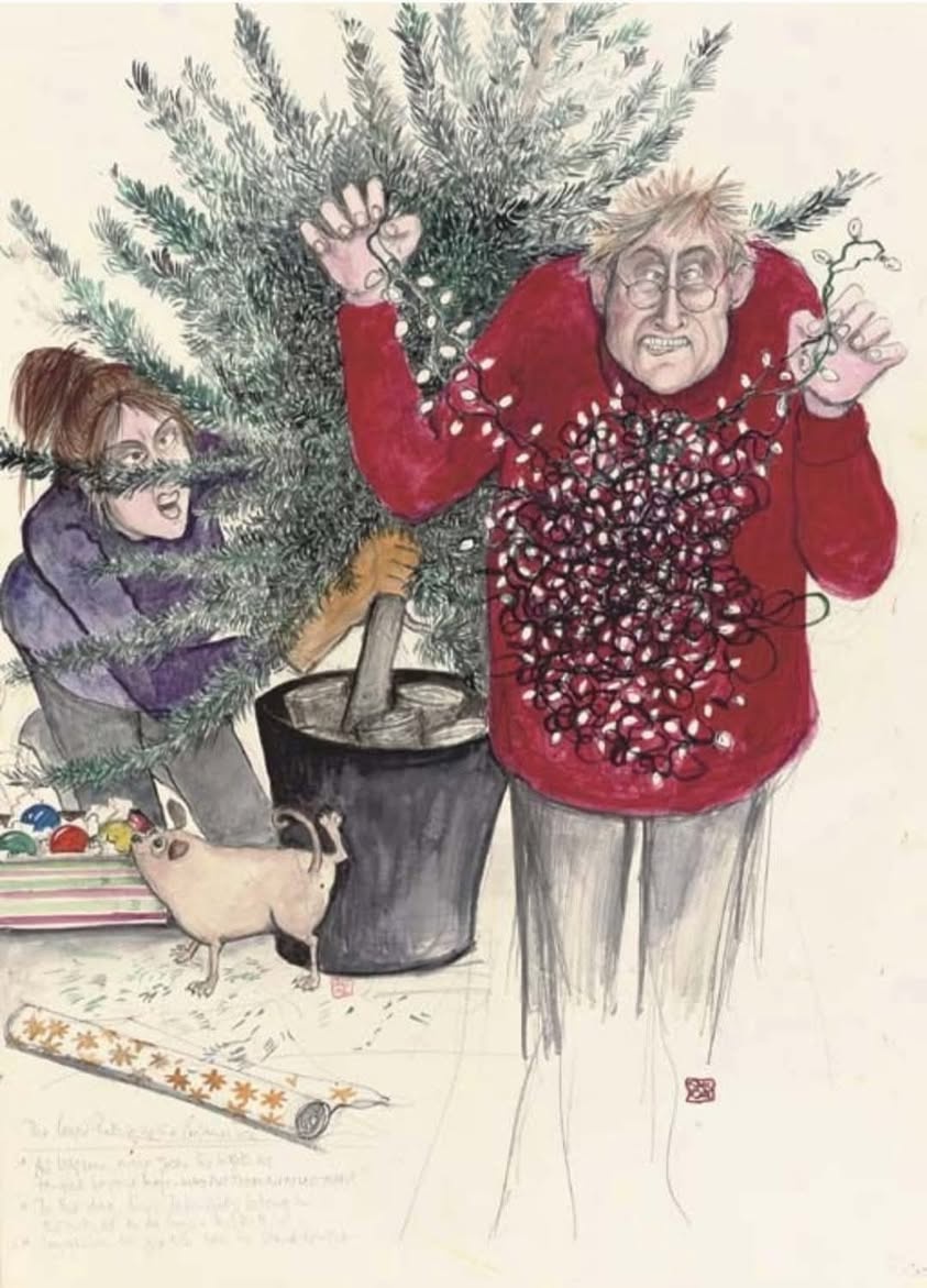 A couple joyfully decorating their Christmas tree with a little help from their furry friend.