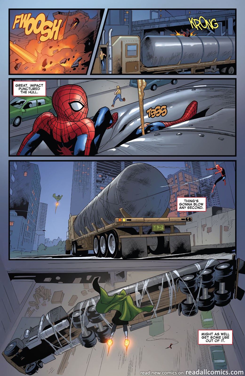 Spider-Man Hurls a Tanker Truck at Doctor Doom (ASM vol 5 #36 2020)