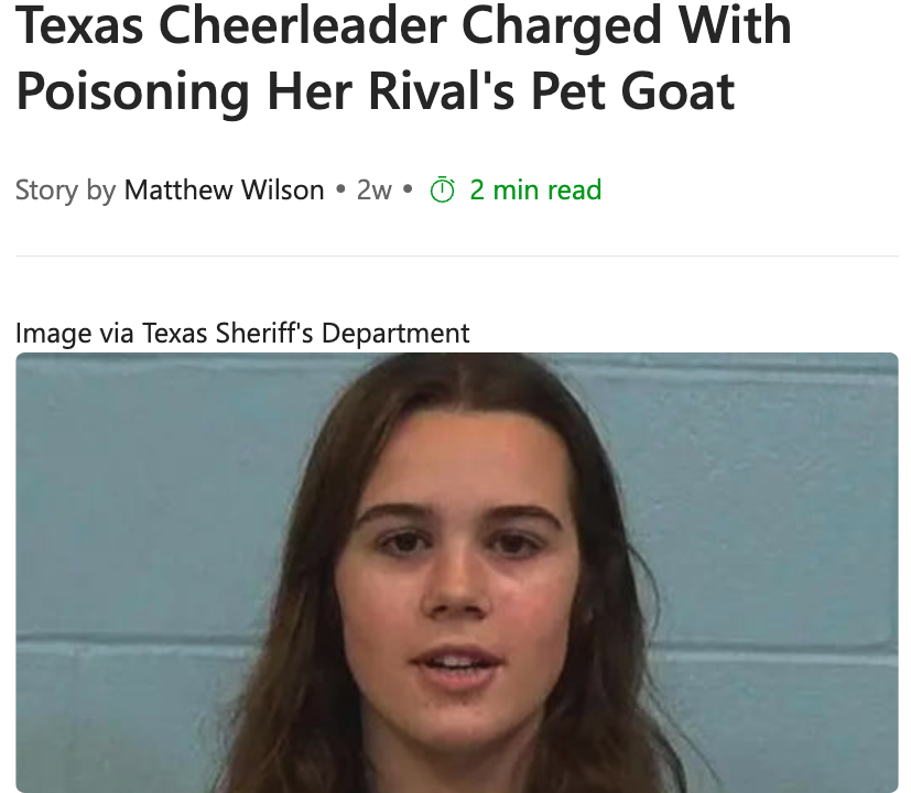 Texas Cheerleader Faces Charges for Poisoning Rival's Beloved Goat