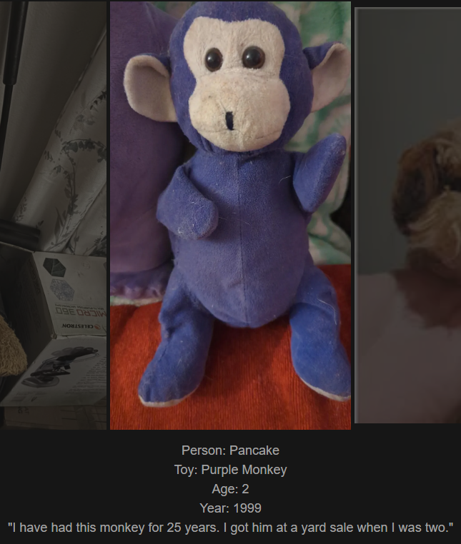 Day 821: Join me in celebrating our cherished childhood toys at www.saidtheskinhorse.com, featuring our latest star, Purple Monkey!