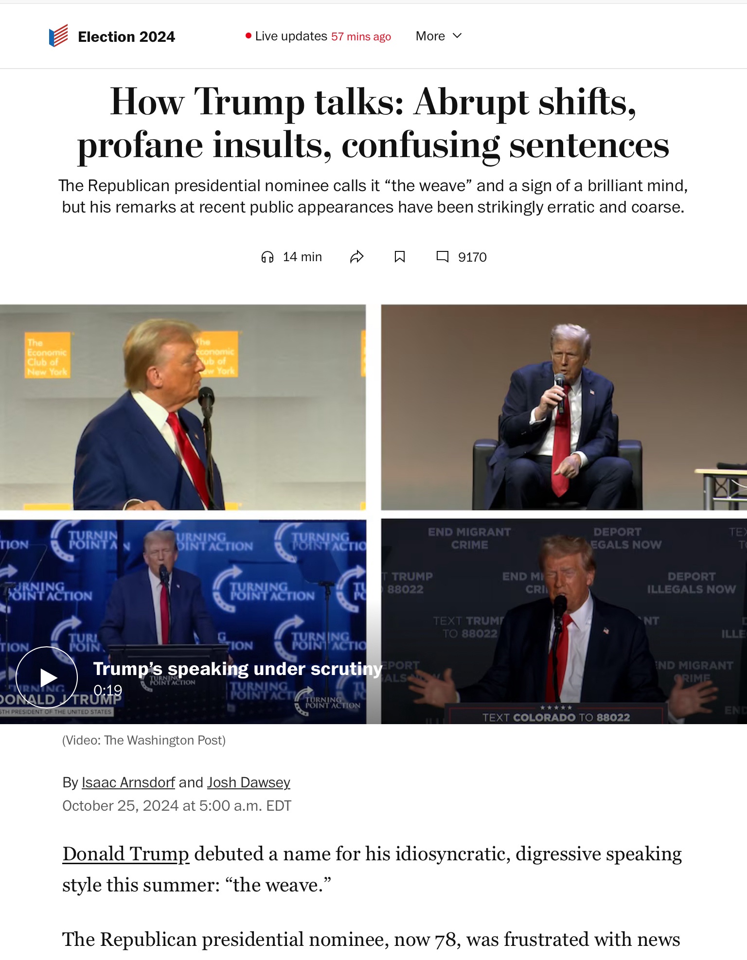 In short: Trump's speech patterns suggest serious cognitive issues, and this has been evident for a while. Check out the article for examples. And remember to vote!