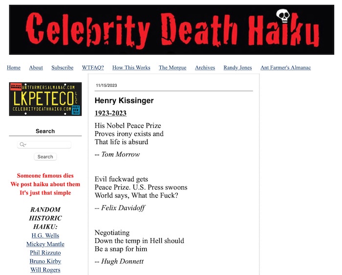 A poetic tribute to celebrity losses in haiku form.