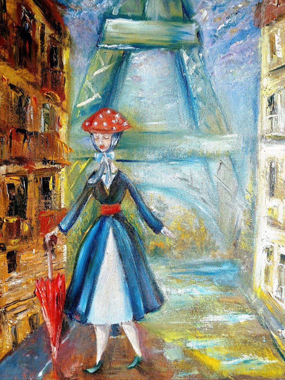 Whimsical Oil Art: Mushroom Girl Wanders Through Paris