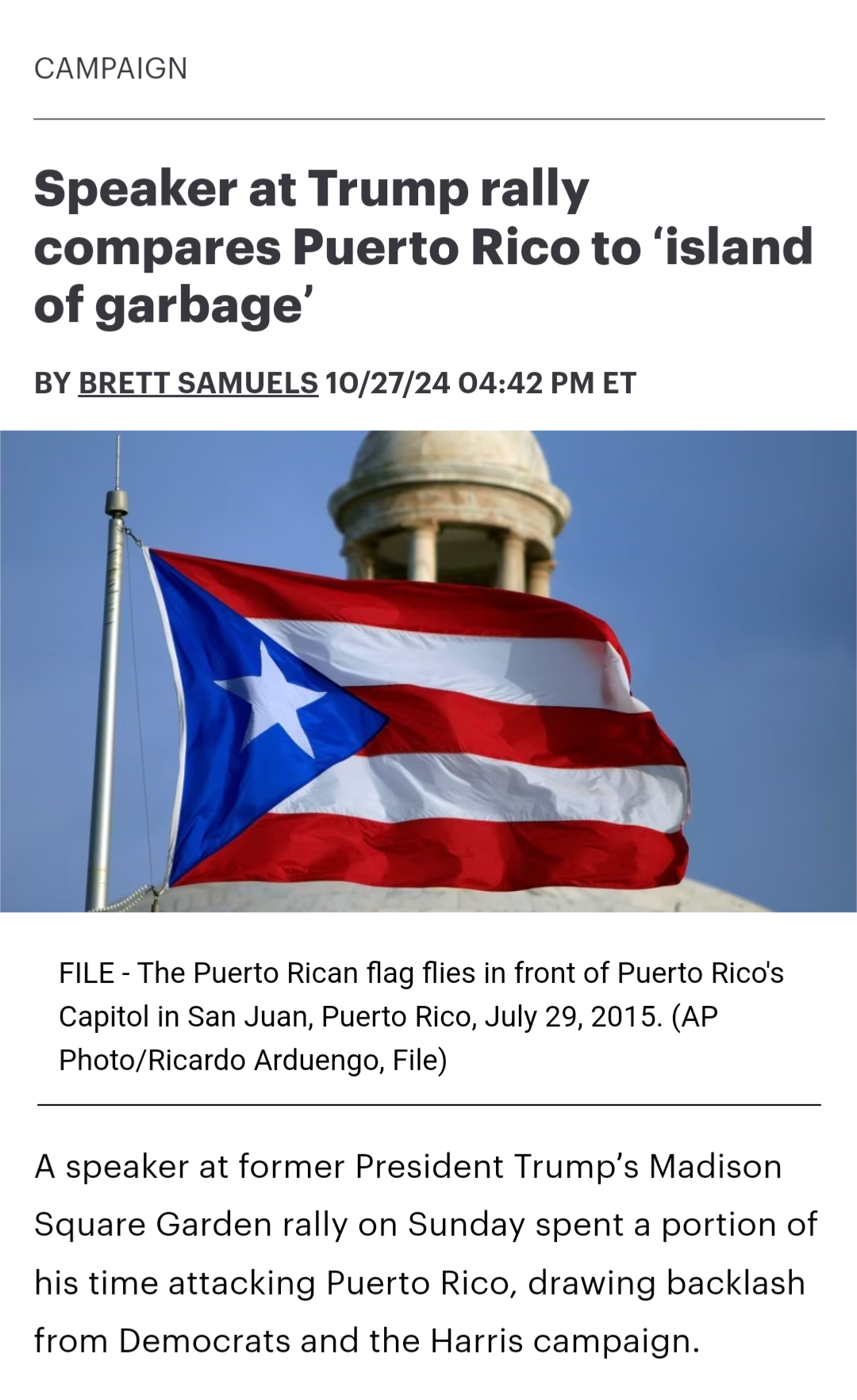Speaker at Trump Rally Calls Puerto Rico an 'Island of Garbage'