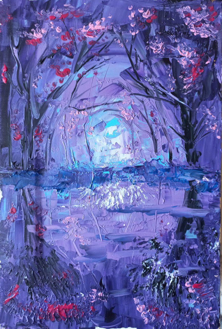 My vibrant acrylic painting featuring trees reflecting on water.