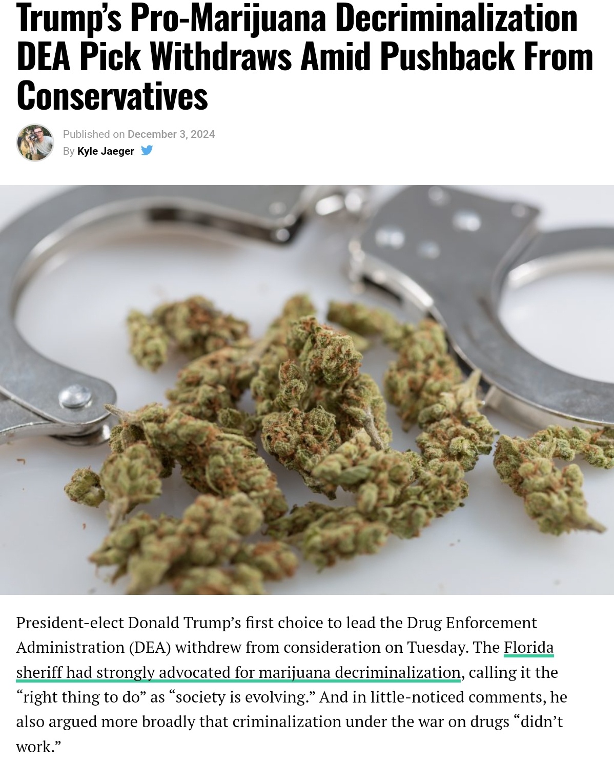 Controversy as Trump's DEA Pick for Pro-Marijuana Decriminalization Withdraws