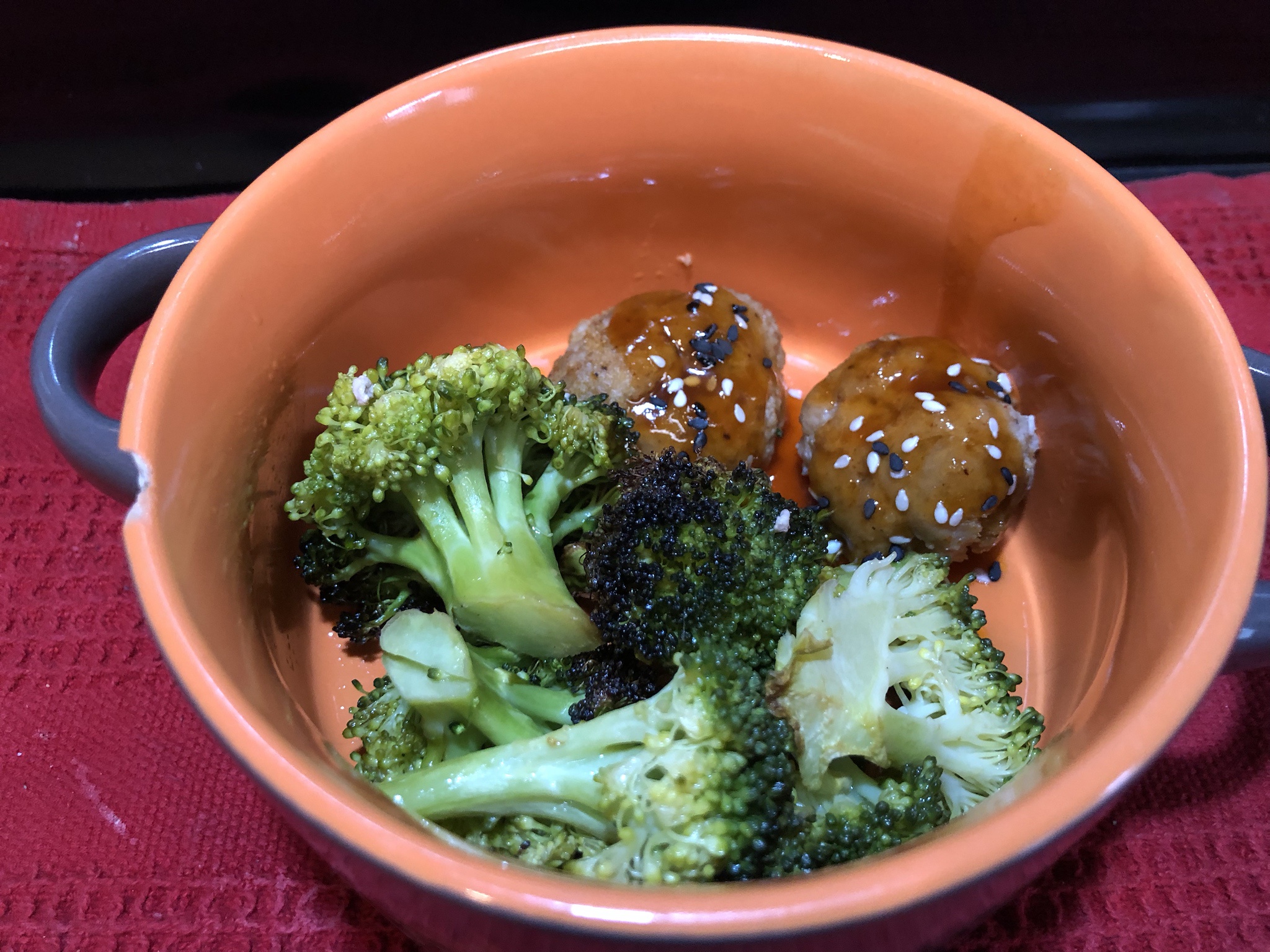 Delicious Sweet and Sour Pork Meatballs Served with Nutty Sesame Miso Broccoli