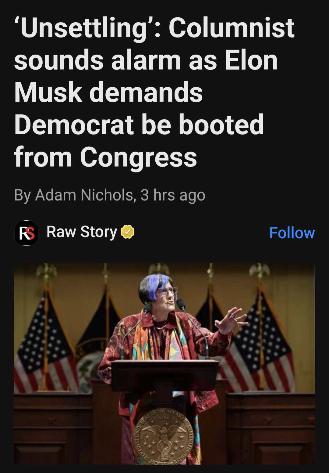 President Musk demands a Democrat be ousted from Congress for speaking out against him.