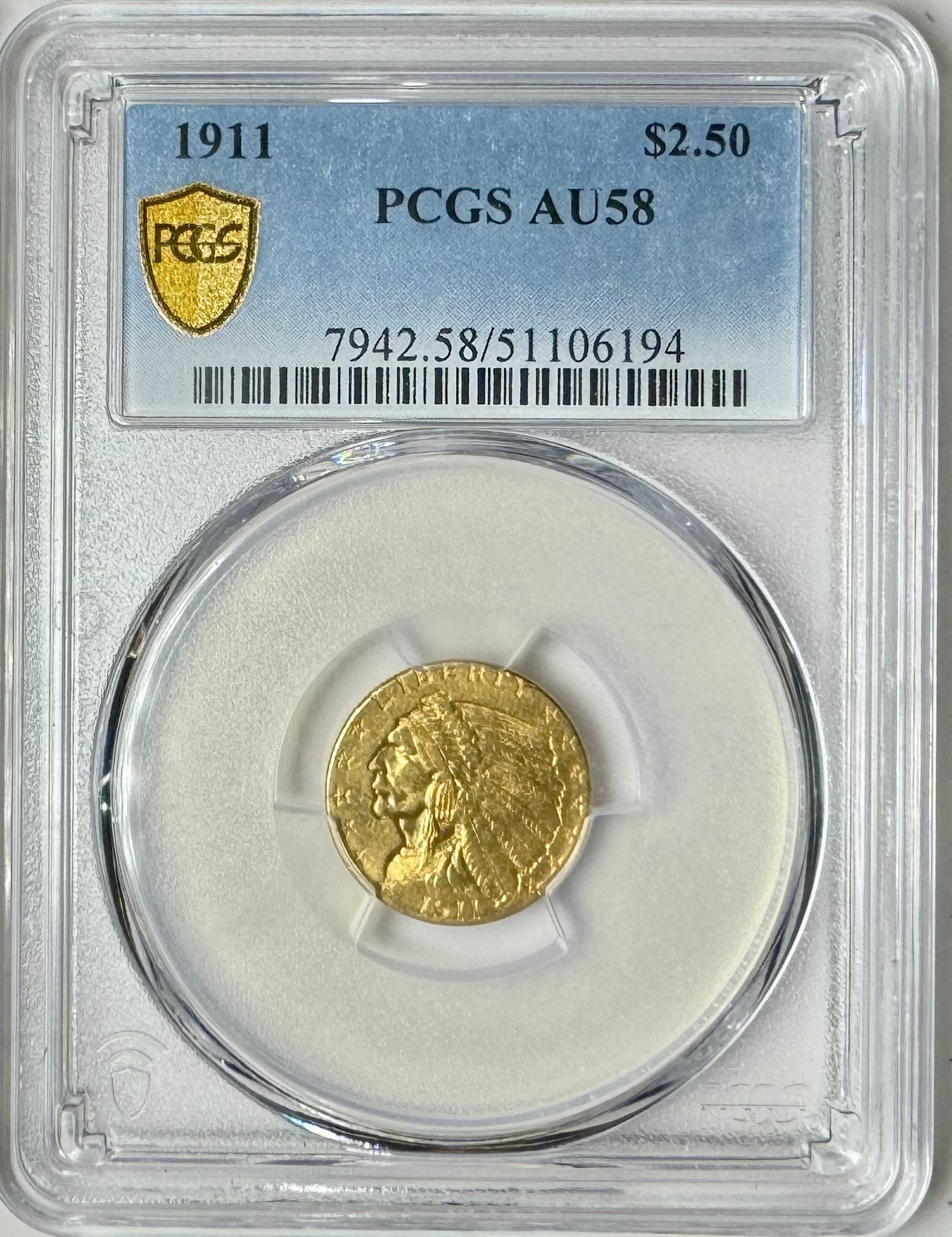 Rare find: 1911 G$2.5 Indian PCGSAU58 coin