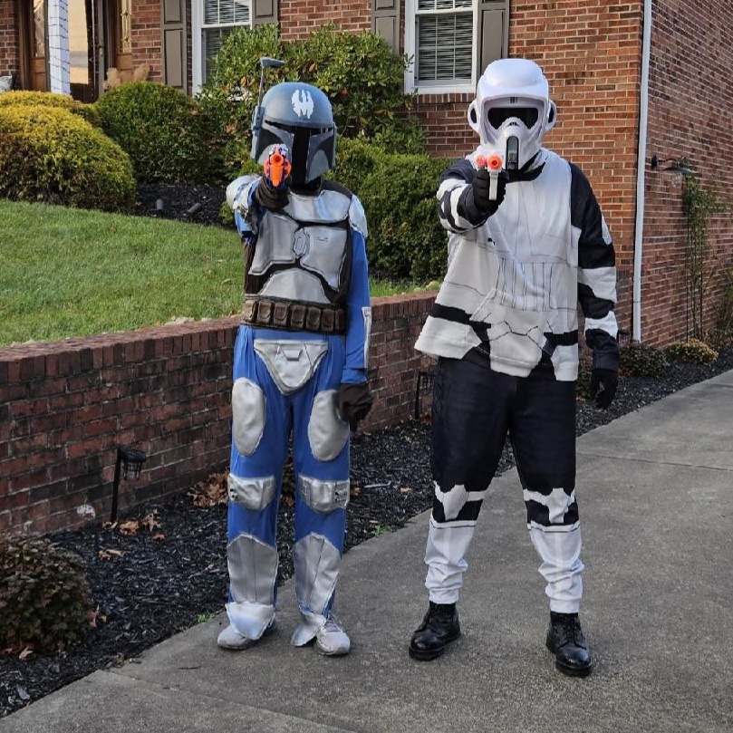 Dressed Up for Halloween: My Teenage Son as a Scout Trooper and Me Joining the Fun!