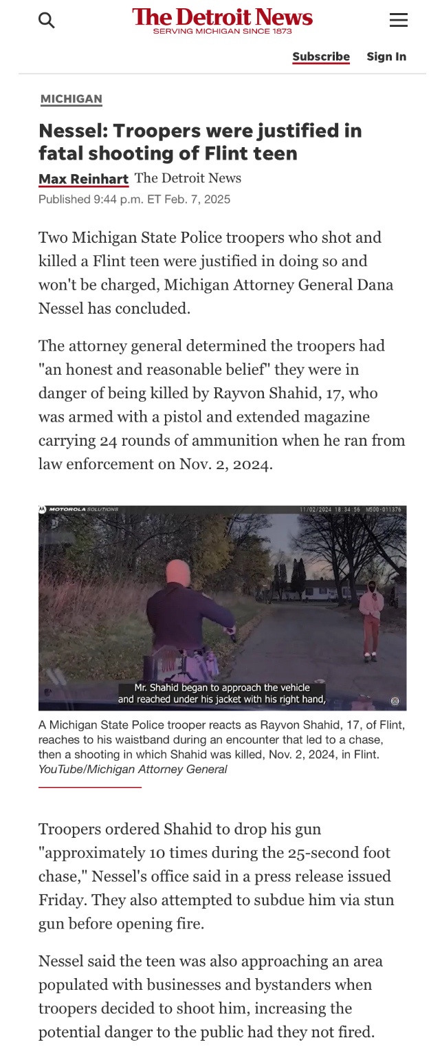 Michigan AG Nessel: Justified Use of Force in the Fatal Shooting of a 17-Year-Old