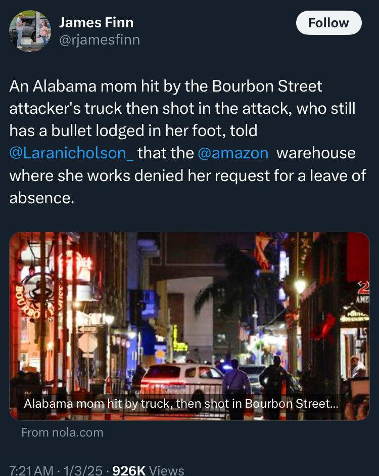 Just waiting for her health insurance to deny her claims to complete the American experience.