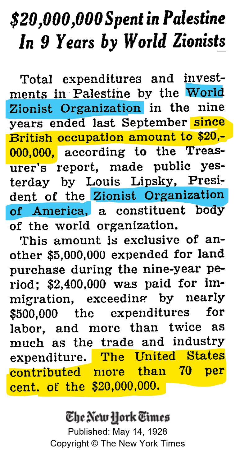 A Shocking Revelation: $20 Million Spent in Palestine Over 9 Years by World Zionists - NYTimes 1928