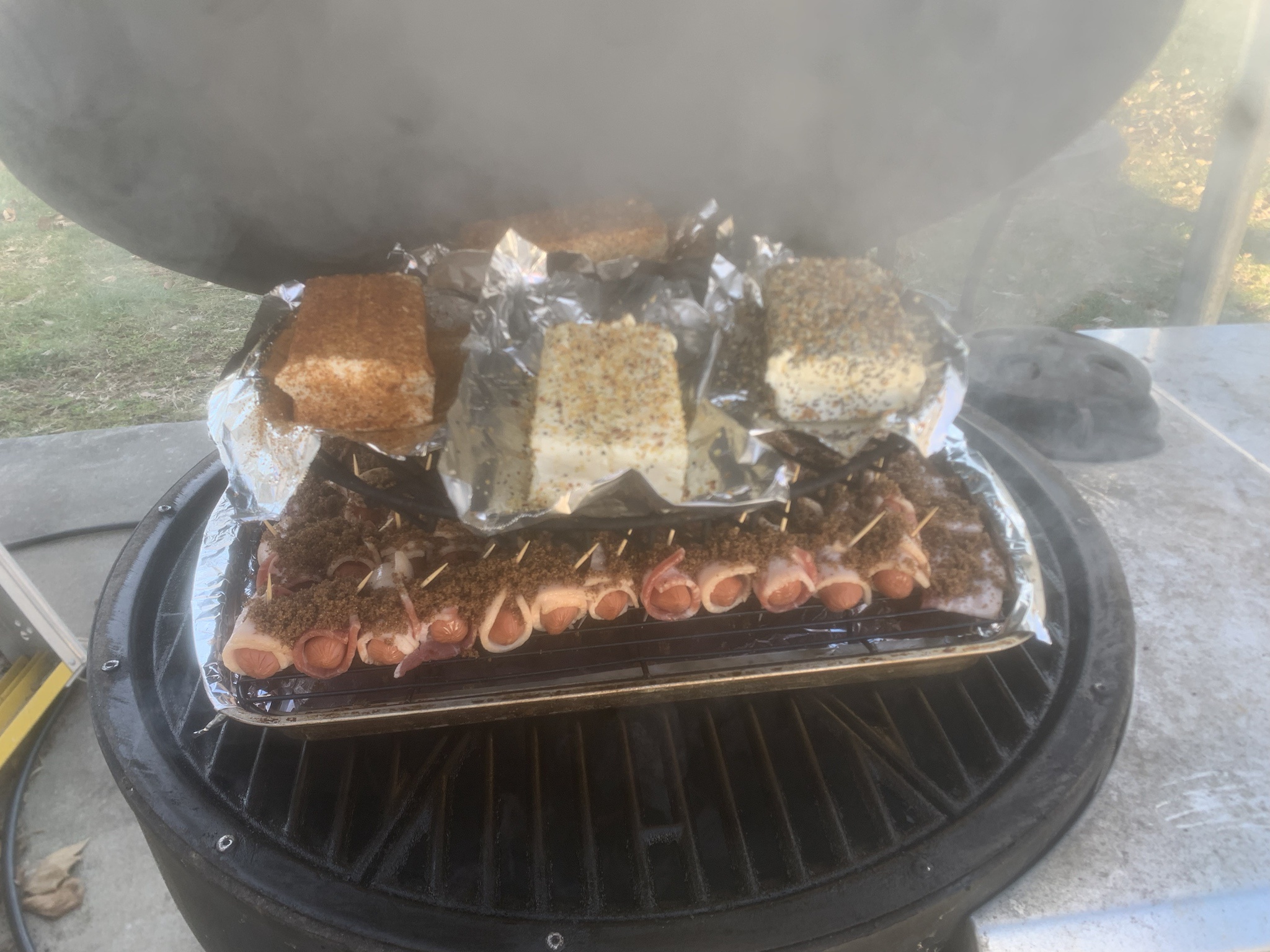 Yesterday's Smoker Delight: Cracked Pepper, Candy Bacon-Wrapped Little Smokies & Cream Cheese for Cousin Christmas