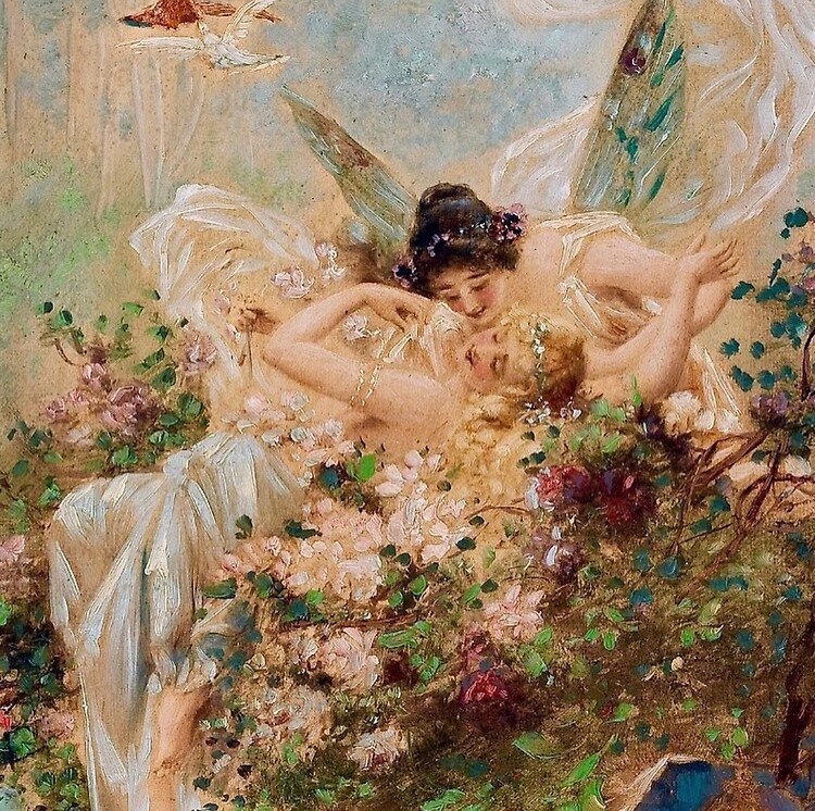 A Heartwarming Embrace Between Two Fairies in a Serene Landscape