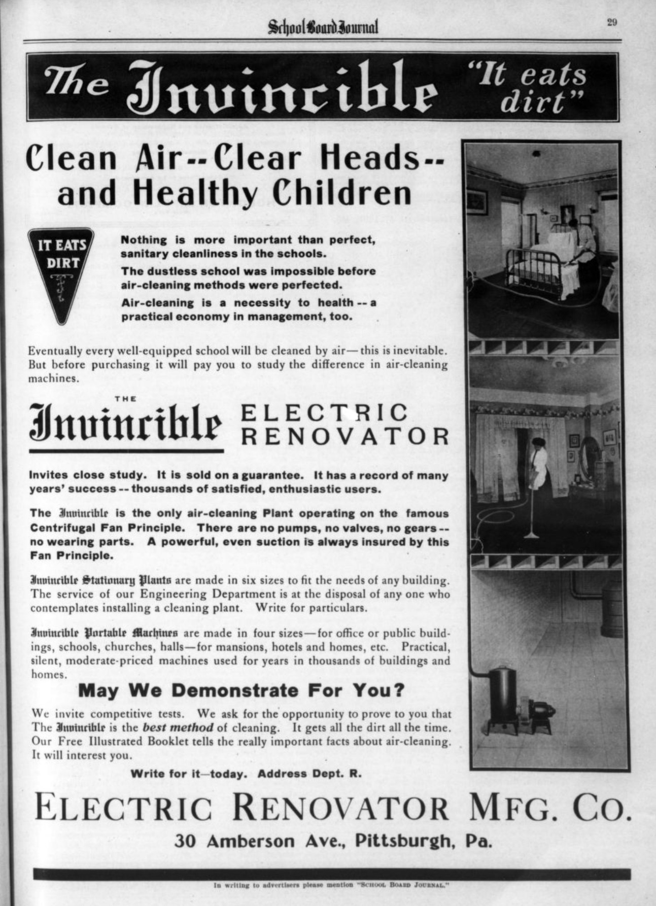 Vintage 1911 Ad for Invincible Electric Renovator Vacuum from School Board Journal