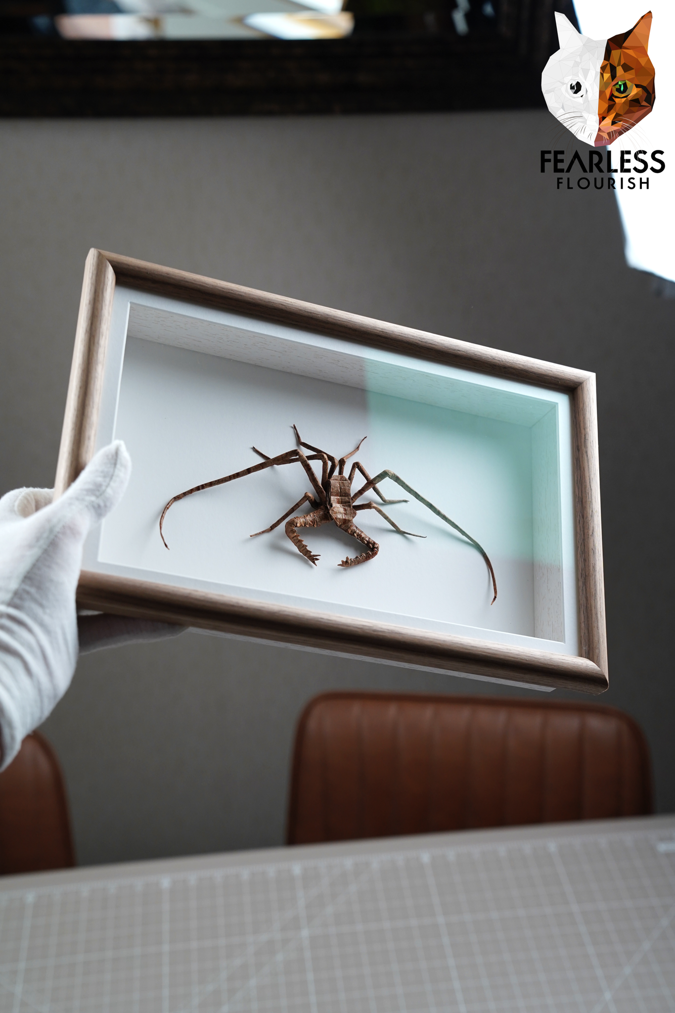 Check out my intricately framed Origami Whip Spider, crafted from a single uncut square of paper.