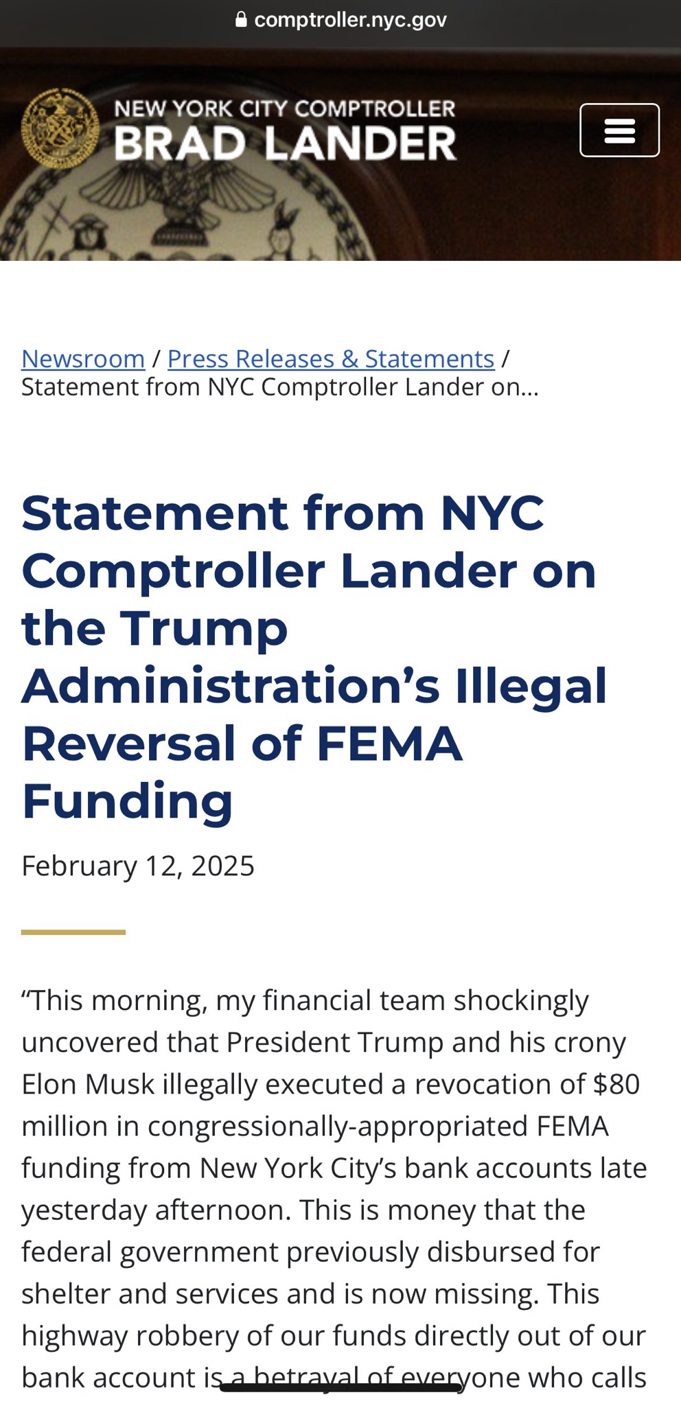 Breaking news: NYC comptroller reveals FEMA funds were misappropriated