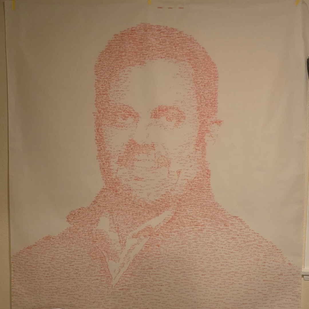 A creative portrait of a certain CEO crafted from red DENIED stamps