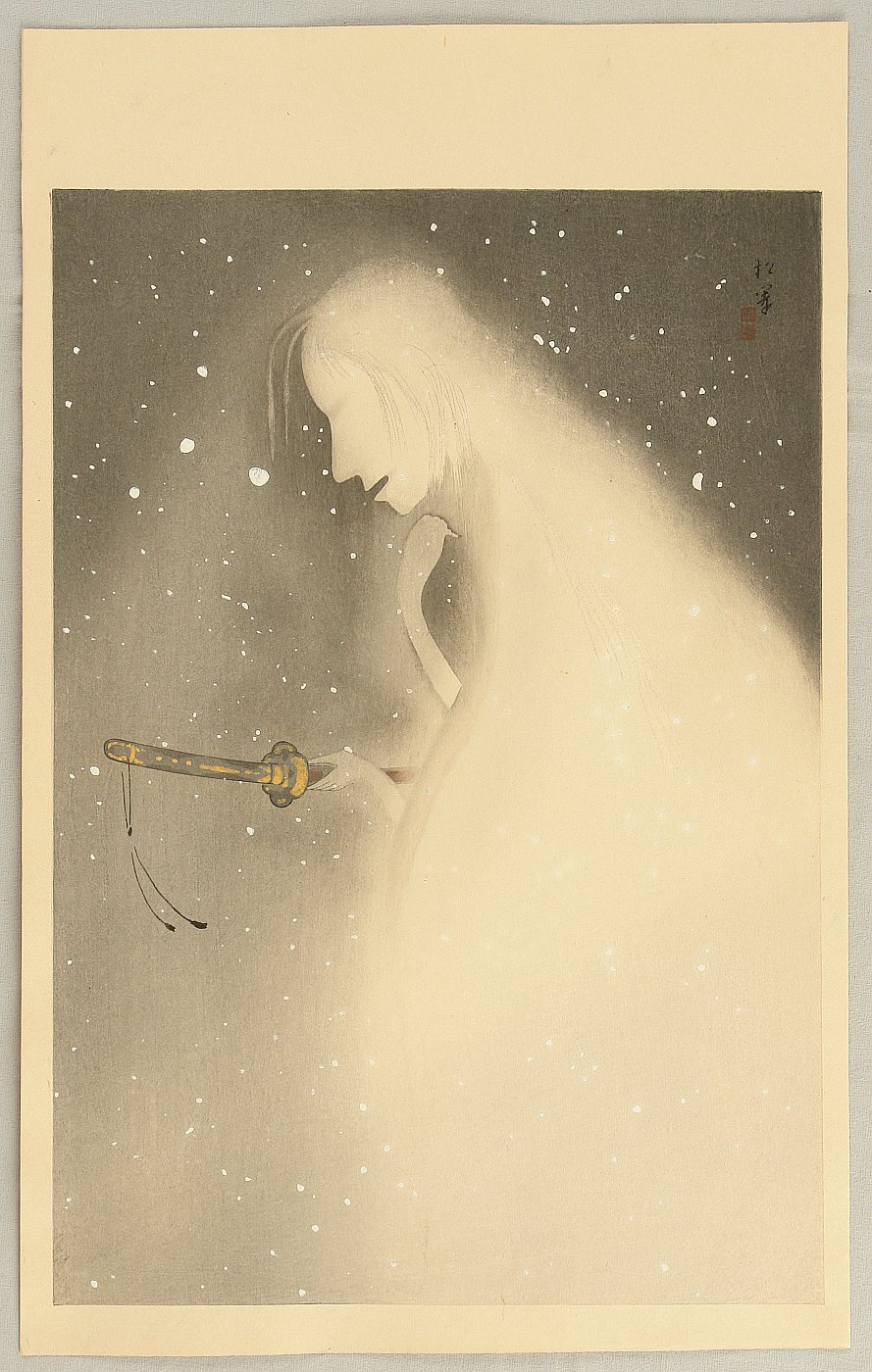 A Hauntingly Beautiful Ghost with a Katana in a Snowy Night Scene by Shoen Uemura, 1922