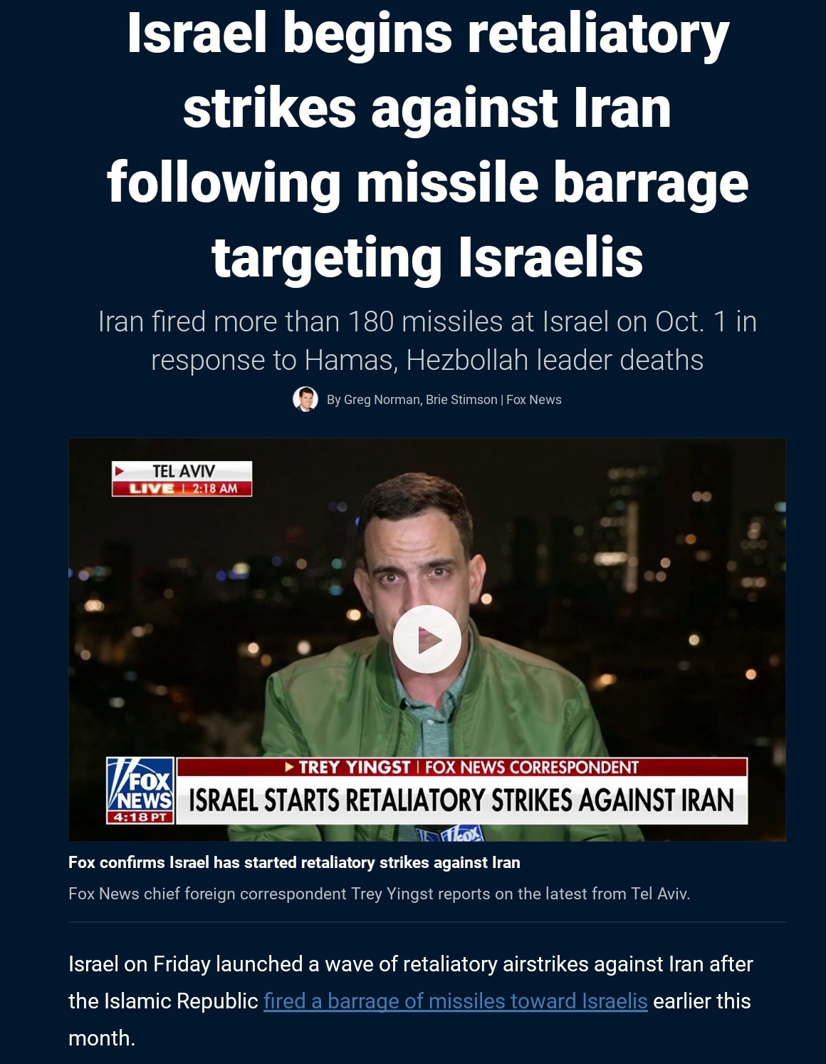 Israel Launches Retaliatory Strikes on Iran After Missile Attacks