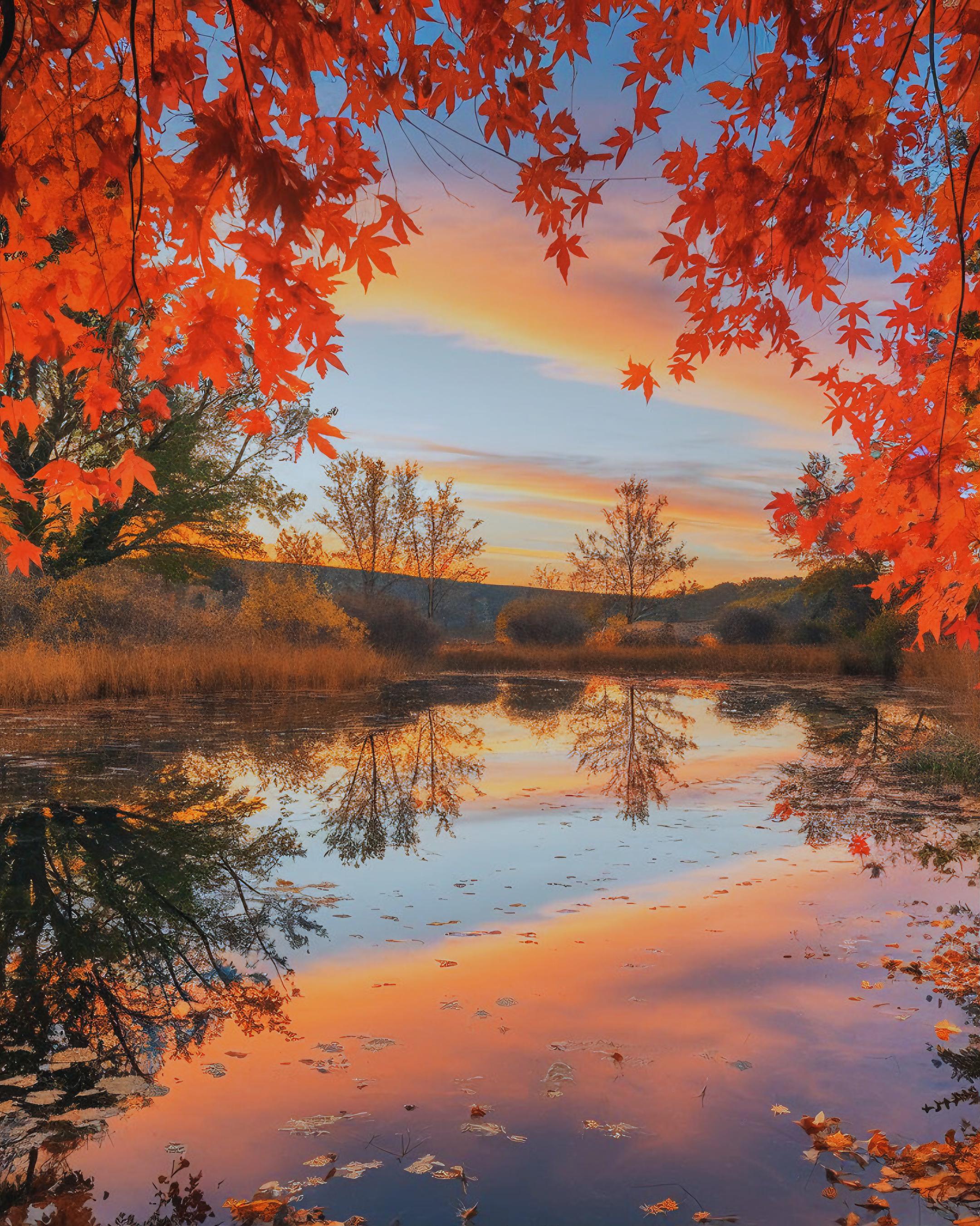 Capturing the beauty of sunset through vibrant autumn leaves.