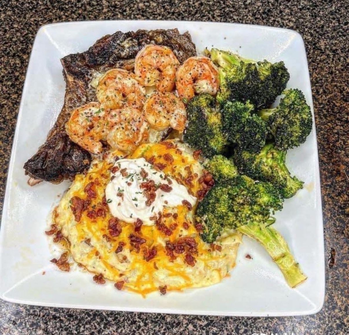 A Delicious Dinner of Steak, Shrimp Eggs, and Broccoli