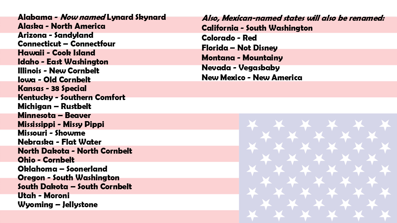 A proposed list of US states to be renamed in honor of the true pioneers: the white settlers who arrived later