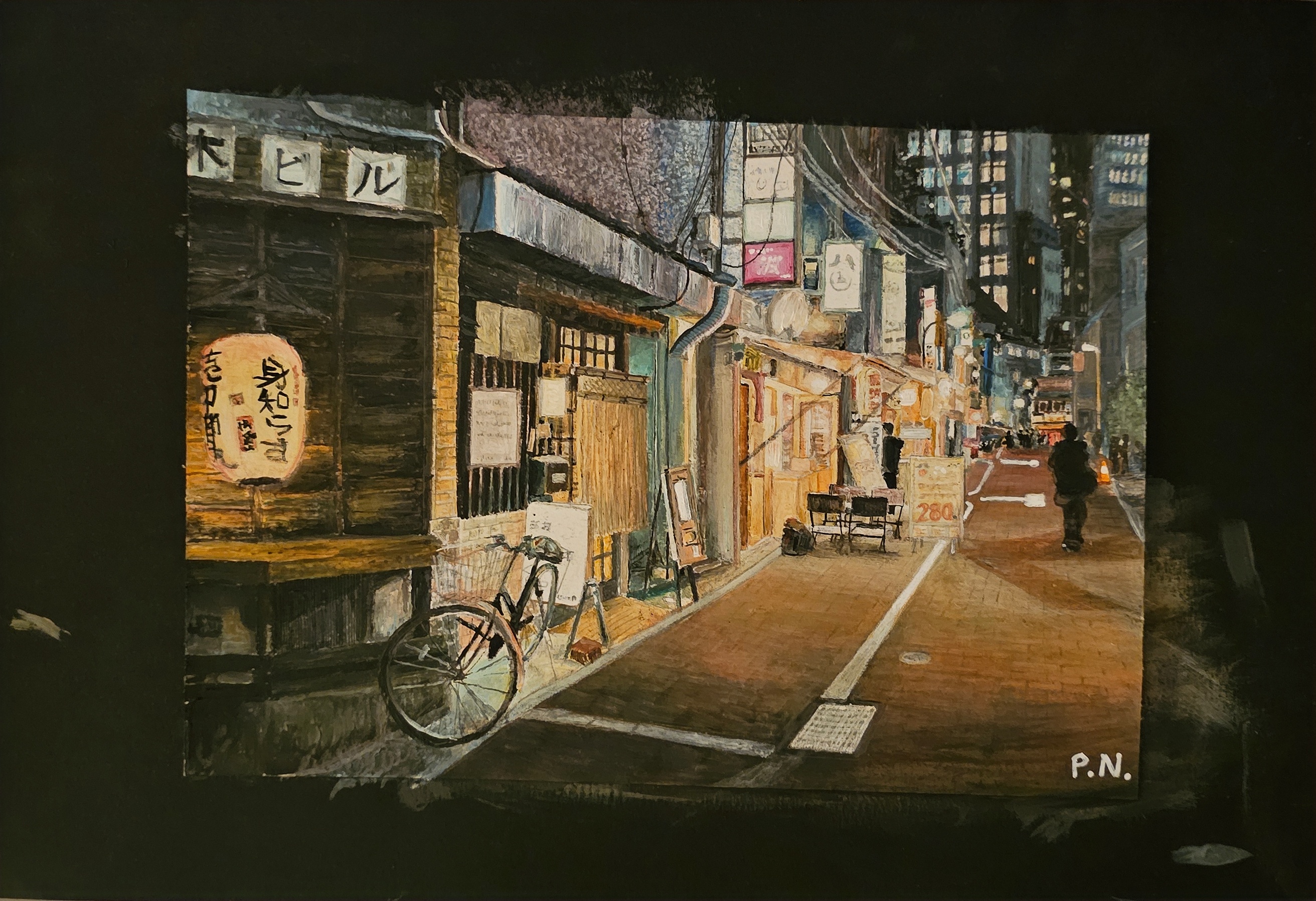 A stunning acrylic piece of Minato City, Tokyo on A5 paper.