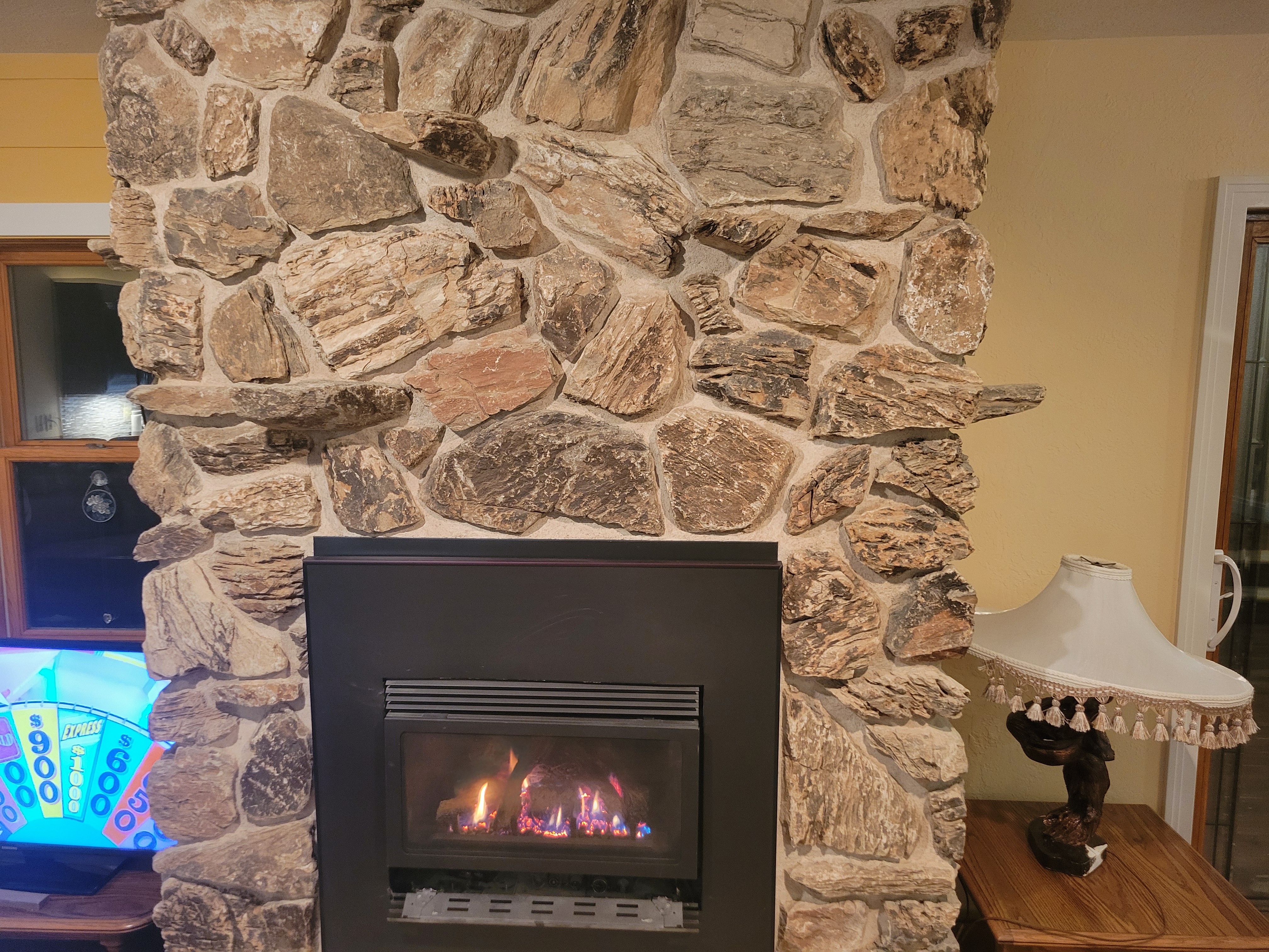 A stunning fireplace made from petrified wood.