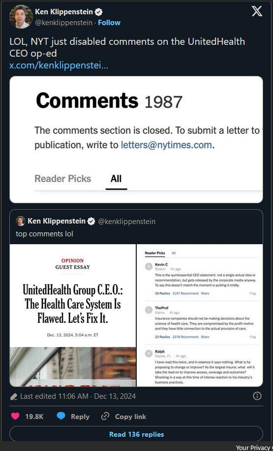 New UnitedHealthcare CEO Faces Backlash After NYT Editorial, Comments Locked
