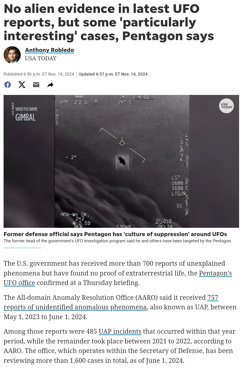Pentagon's Latest UFO Reports: No Alien Evidence, But Intriguing Cases