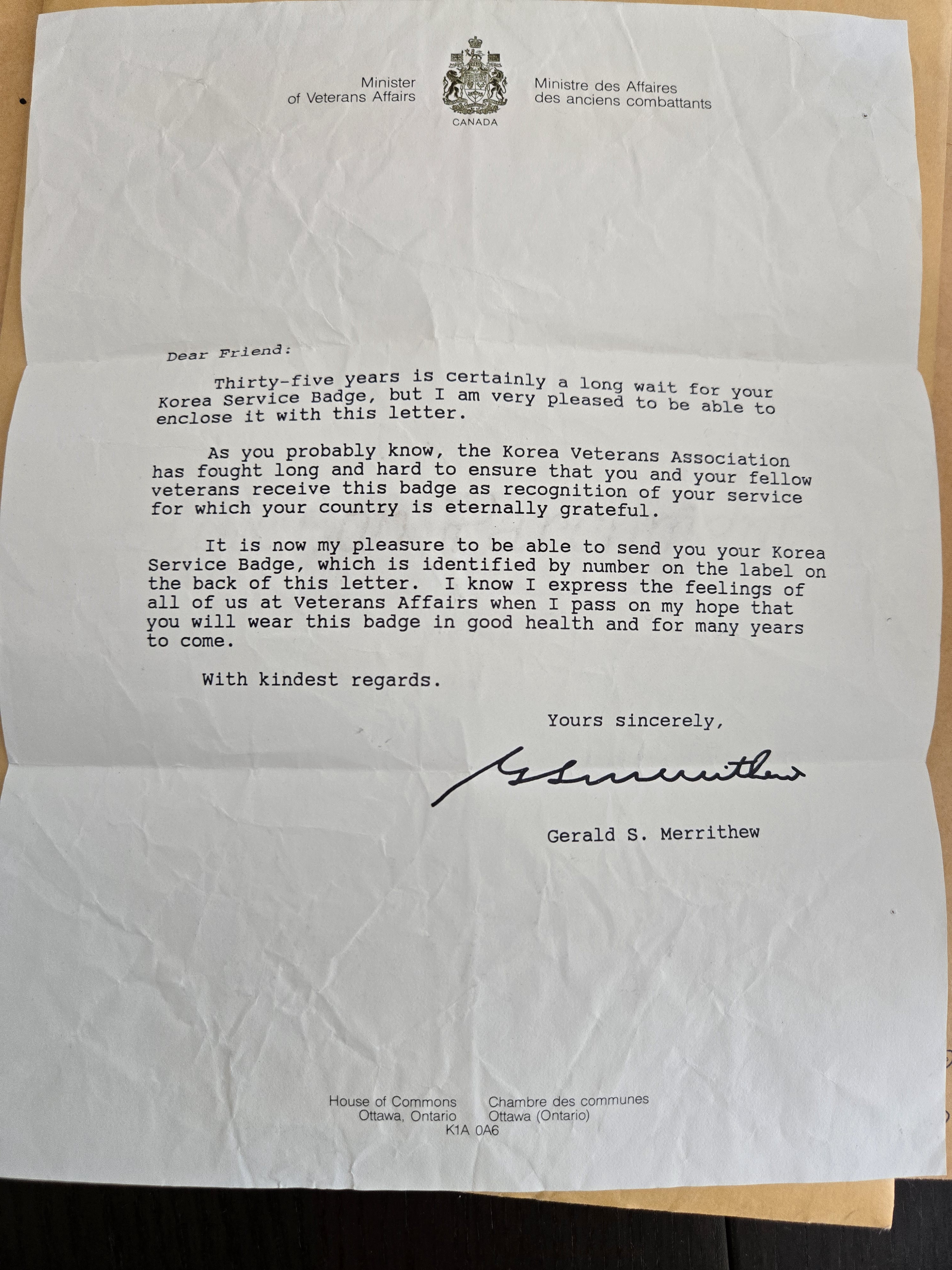 A heartfelt letter from Canada during the Korean War.