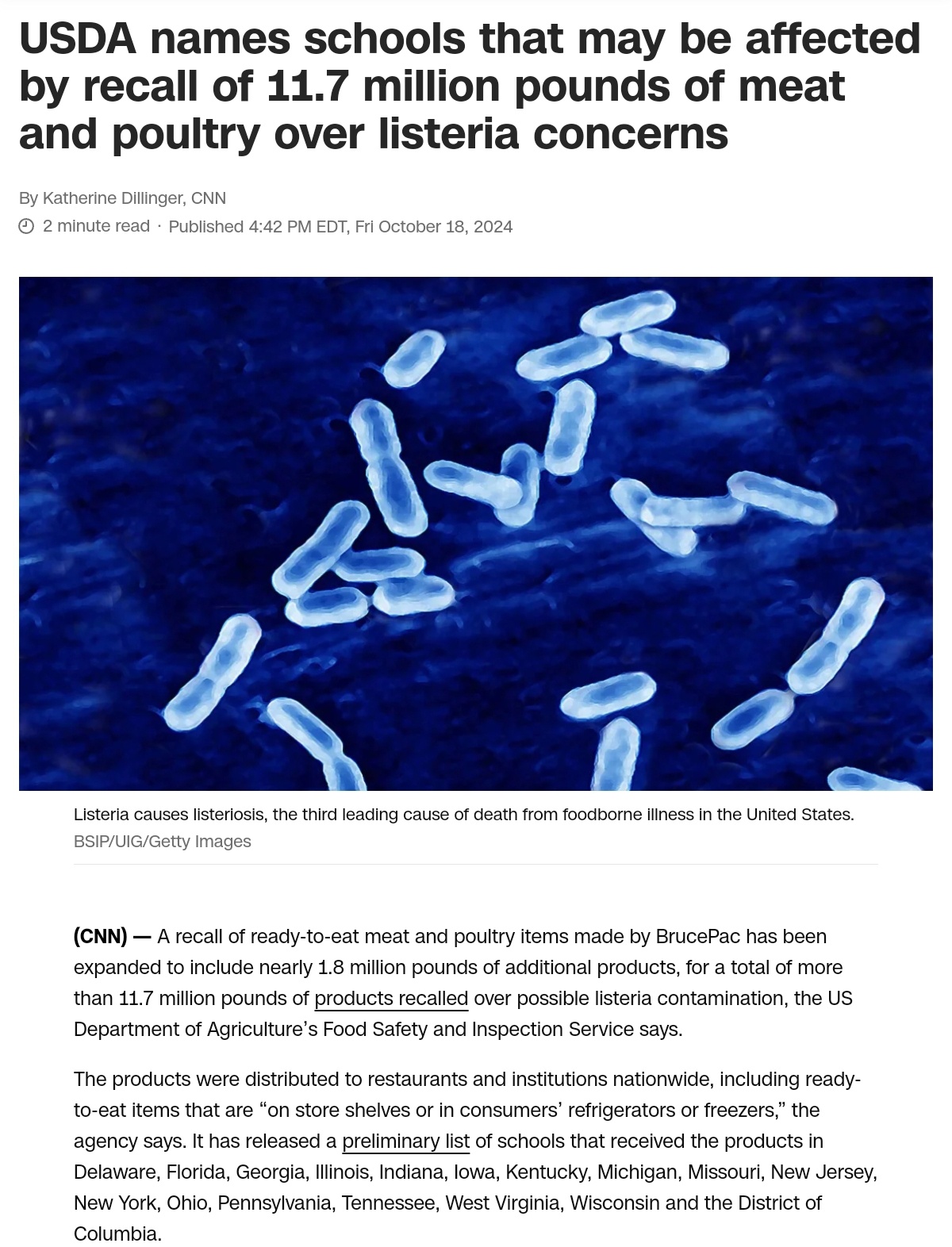 USDA Alerts Schools About Potential Recall of 11.7 Million Pounds of Meat Due to Listeria Risk