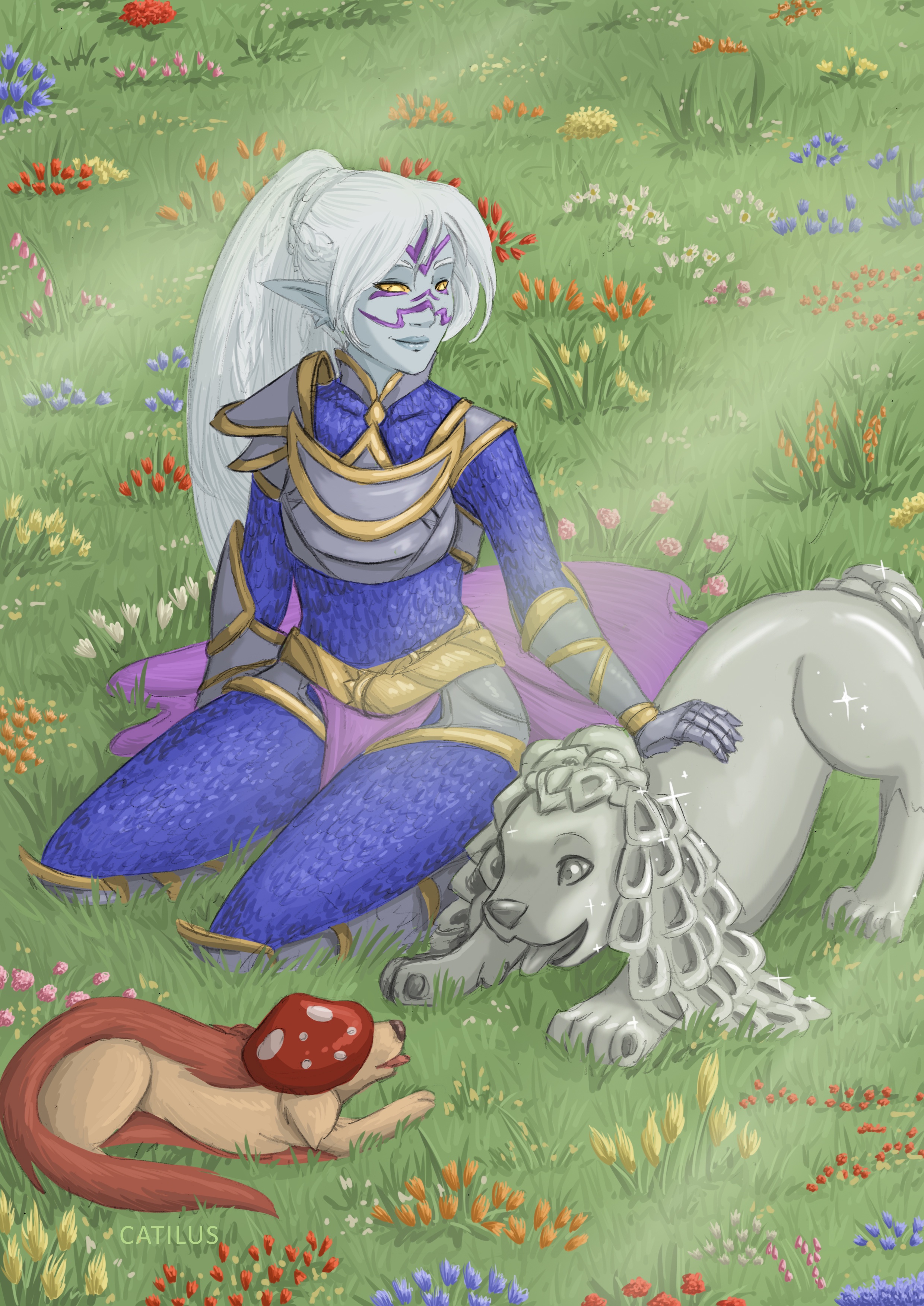Cagalli the Dark Elf: A Cleric and Rogue's Adventure with Her Silver Elemental and Shroompy Companion