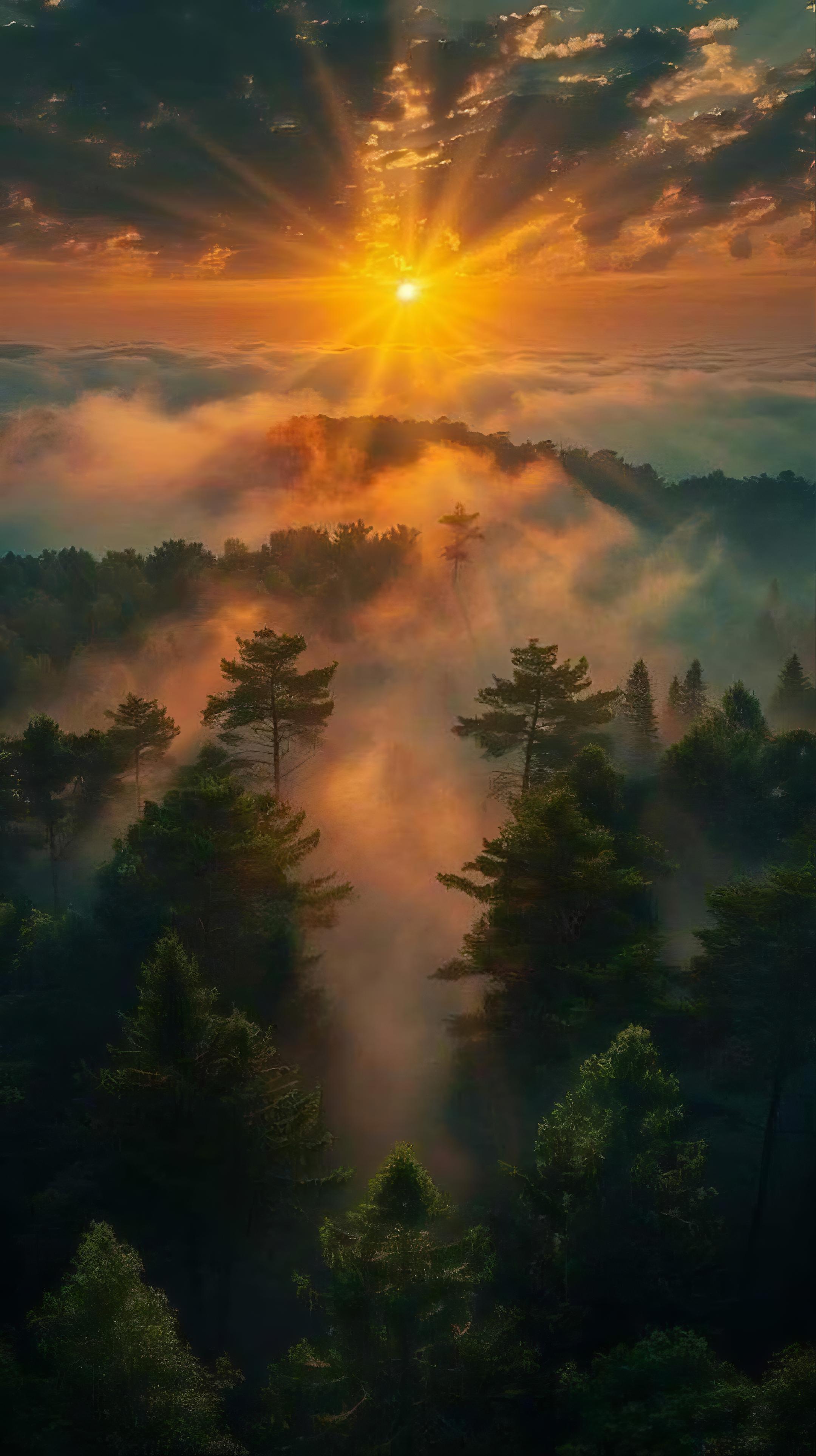 Breathtaking Sunrise Over a Misty Forest
