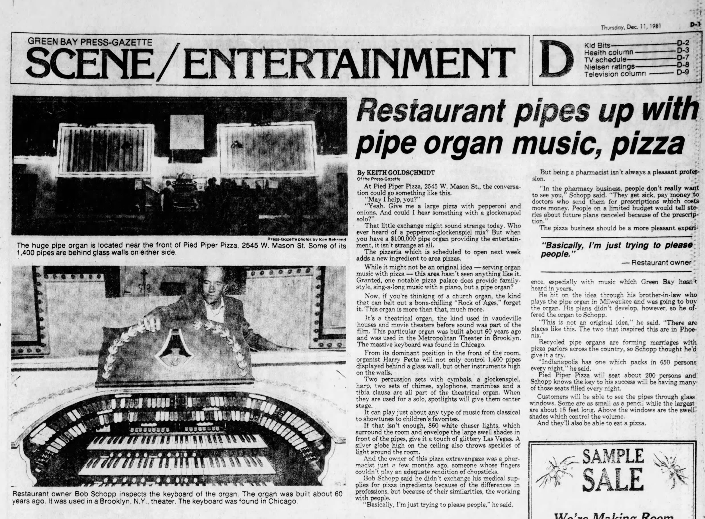 Nostalgic Memories from Pied Piper Pizza Parlor in Green Bay (1981-1983)